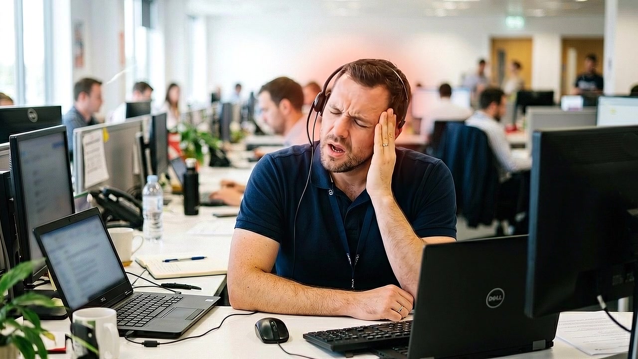 Office employee rubbing temple with headache discomfort behind laptop in realistic medical scene