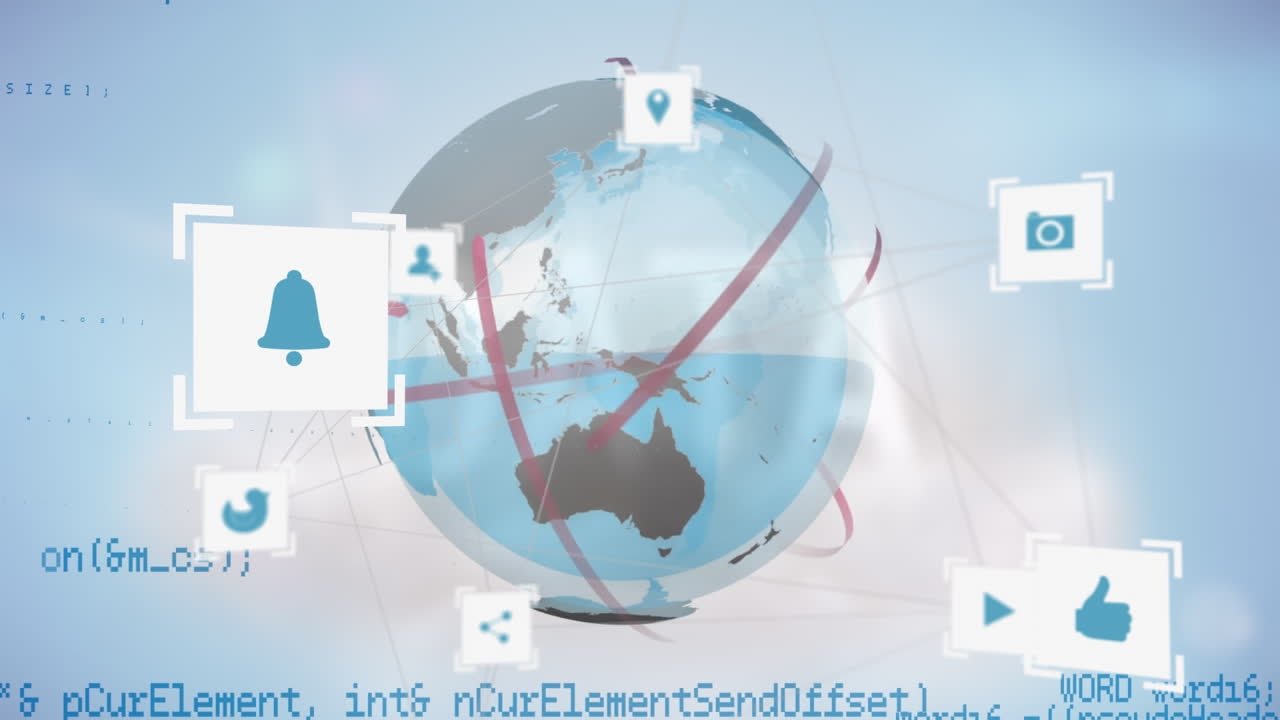 아이콘의 애니메이션, 데이터 처리 및 파란색 배경에 지구