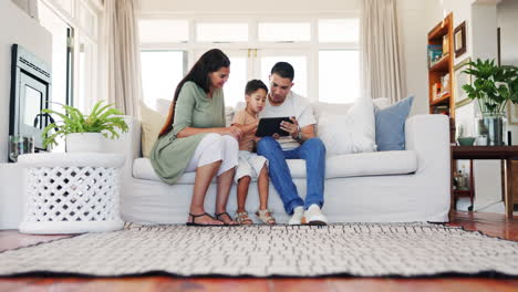 Family,-tablet-and-relax-on-a-sofa-in-home-living