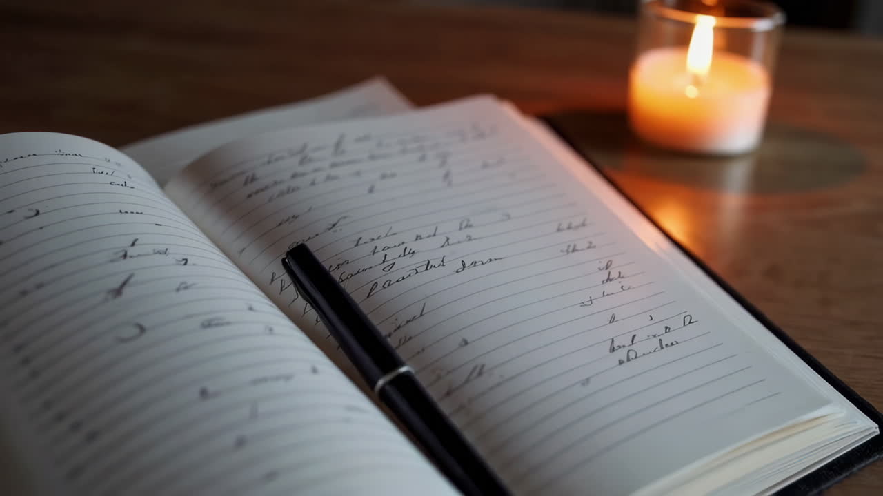 Open Notebook and Candle on Wooden Table