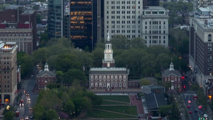 Independence Hall a Philadelphia. Veduta aerea al tramonto