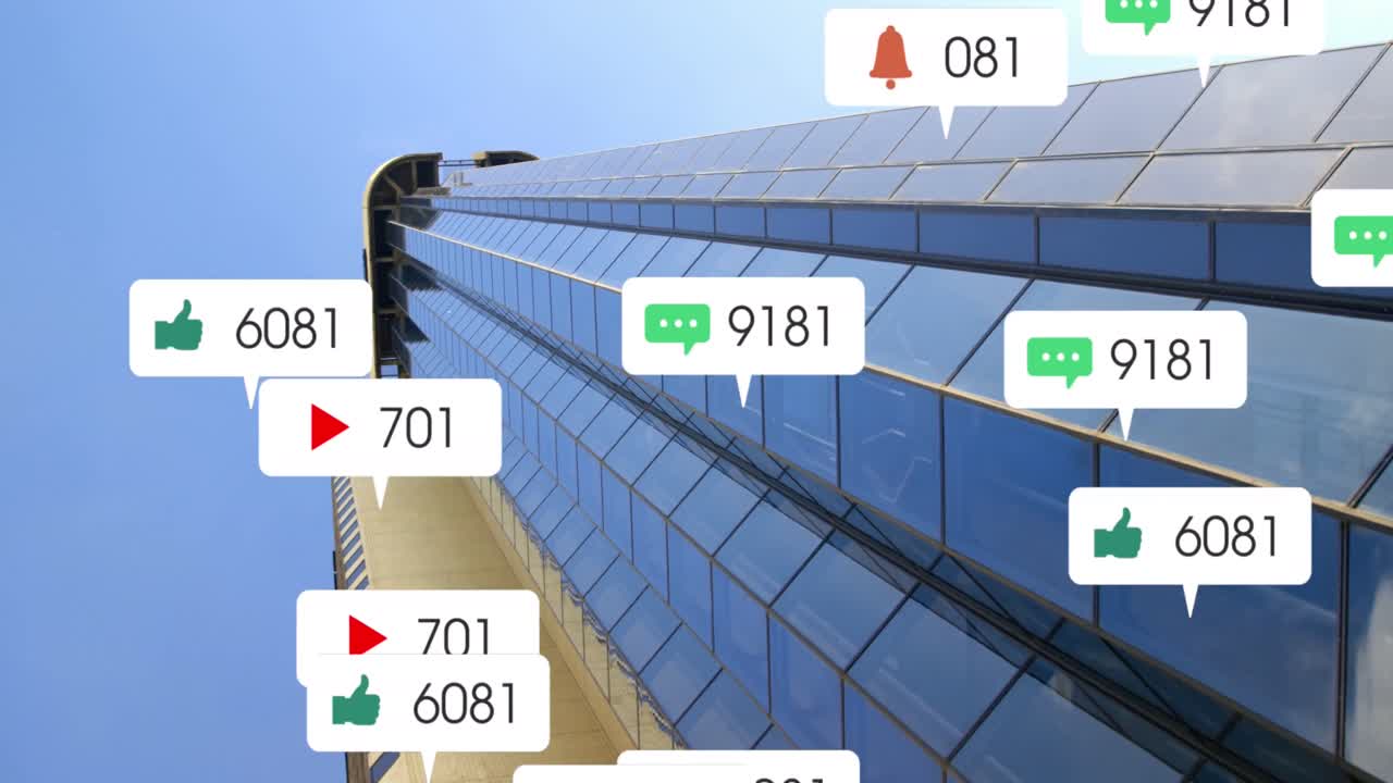 현대적인 건물 위에 미디어 아이콘의 애니메이션