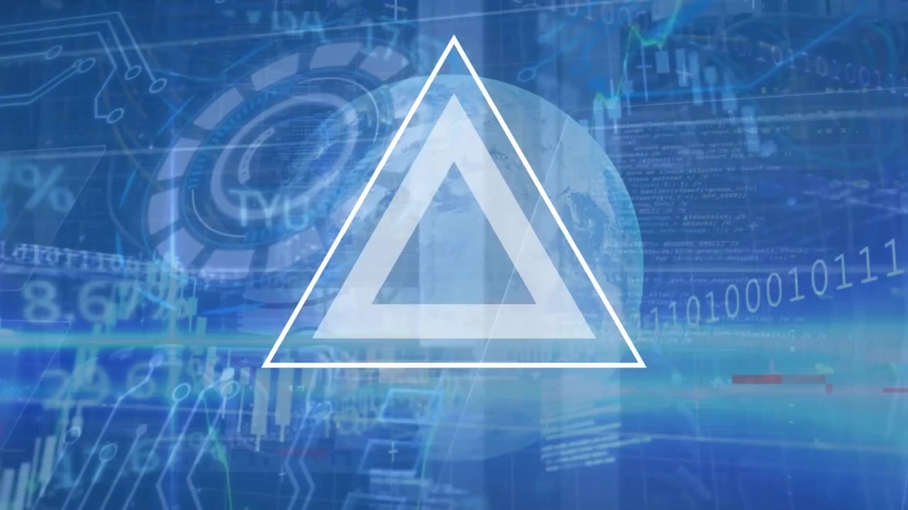 Animation of triangle, arc reactor, trading board and programming language against globe