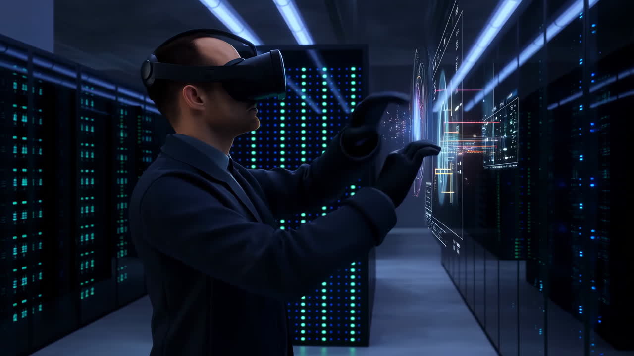 Man in VR Headset Interacting with Virtual Interface in a Server Room