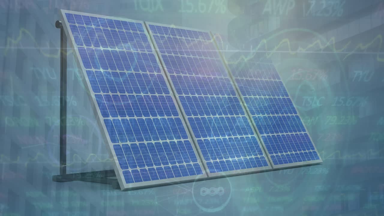 Animation of financial data processing over solar panel