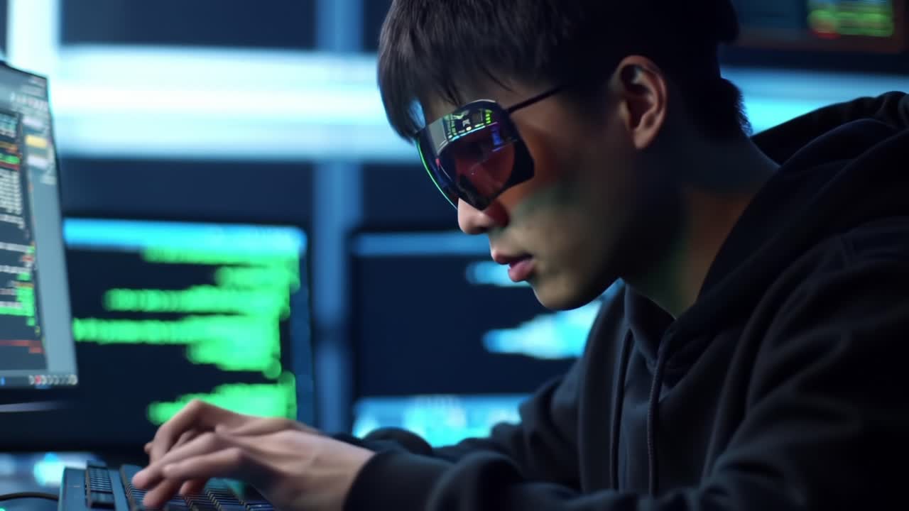 A Focused Individual Engaged in Cyber Activities, Surrounded by Screens Filled with Code, Showcasing the Modern World of Technology and Hacking Culture