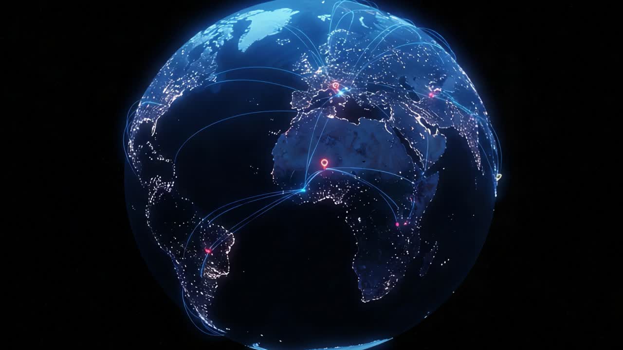 A Stunning Visualization of Global Connectivity Through Digital Networks, Showcasing Data Points Across Continents and Highlighting International Connections