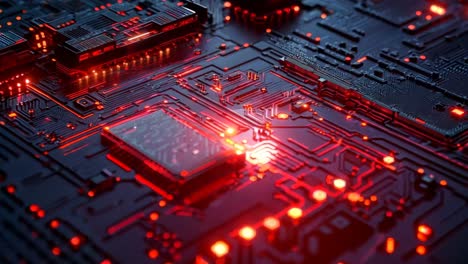 a close up of a computer motherboard with red lights