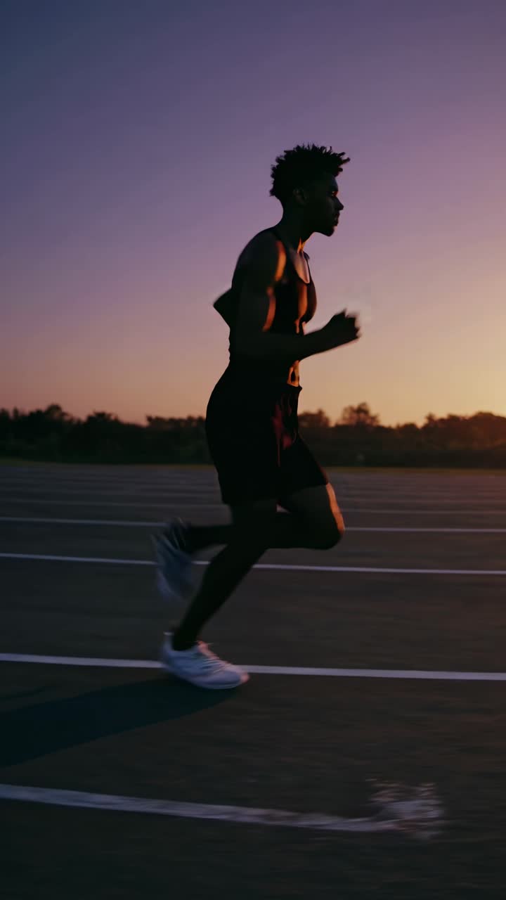 Silhouette of a runner at sunset, captured from a low angle