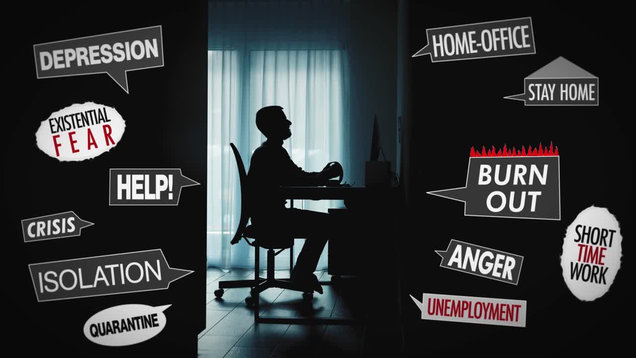 상황에 대한 실존적 두려움과 분노에 시달리는 재택근무 시간에 컴퓨터 앞에 있는 남자의 실루엣 그림자