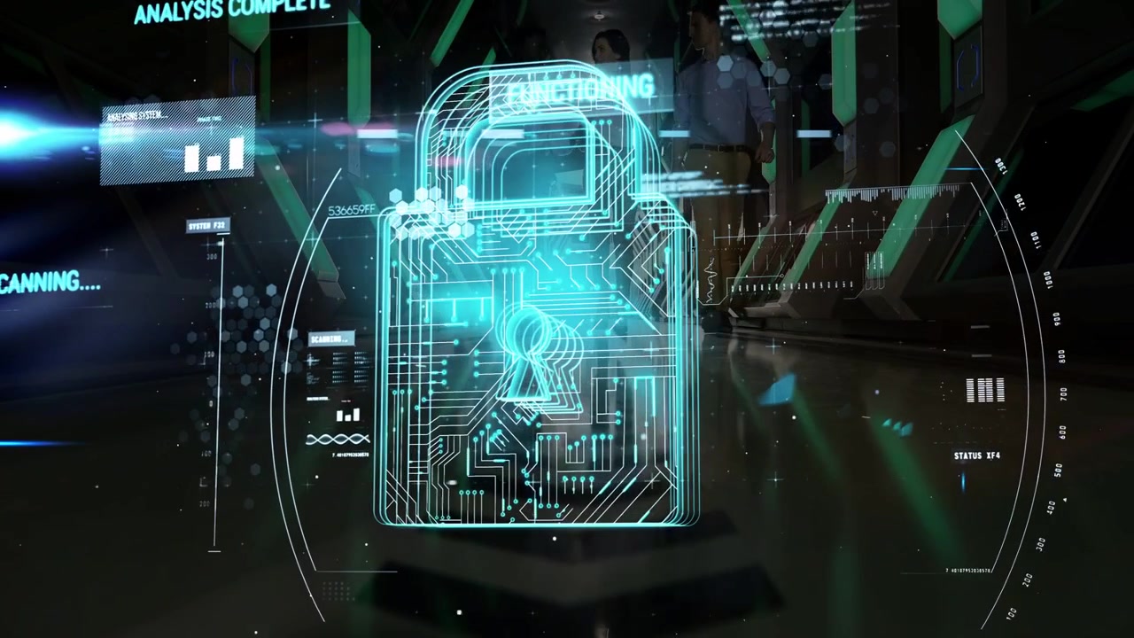 Holographic security padlock taking scan input, animating HUD panels, completing analysis, locking