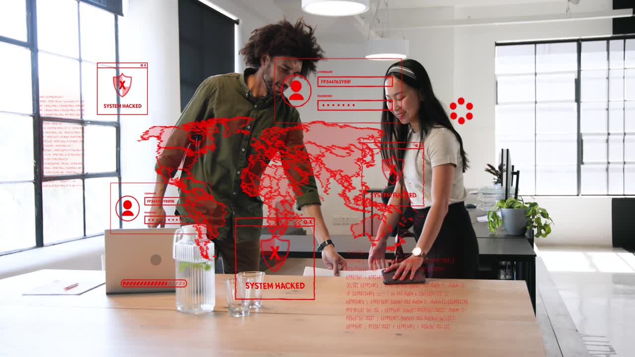 Man and woman seeing laptop SYSTEM HACKED holo in tech office greeting reading docs while securing