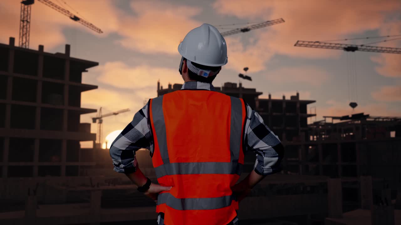 Back View Of A Male Engineer Wearing Safety Helmet Looking Around While Standing With Arms Akimbo At Building & Construction Site in Progress to New House