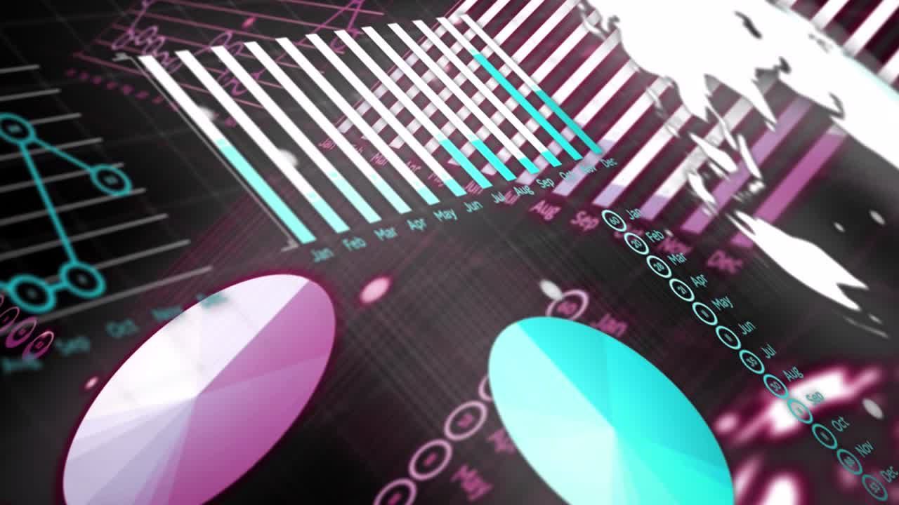 Animation of financial graphs and diverse data on black background