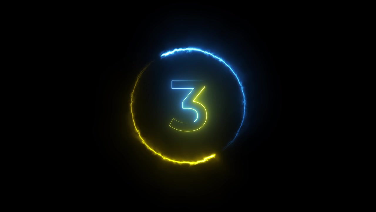 Timer conto alla rovescia luminoso al neon con cerchio blu e giallo