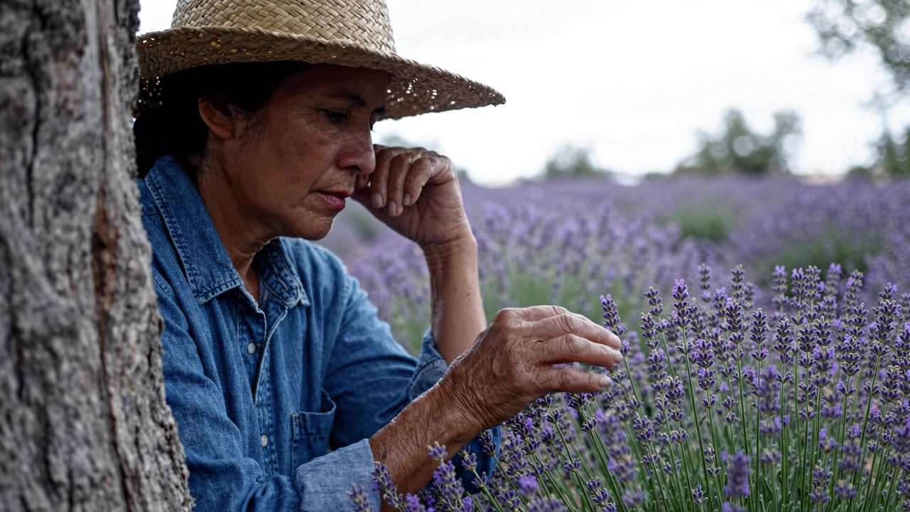 Un momento contemplativo in un campo di lavanda, che mostra una donna immersa nei pensieri tra la bellezza e la tranquillità dei fiori di lavanda in fiore intorno a lei