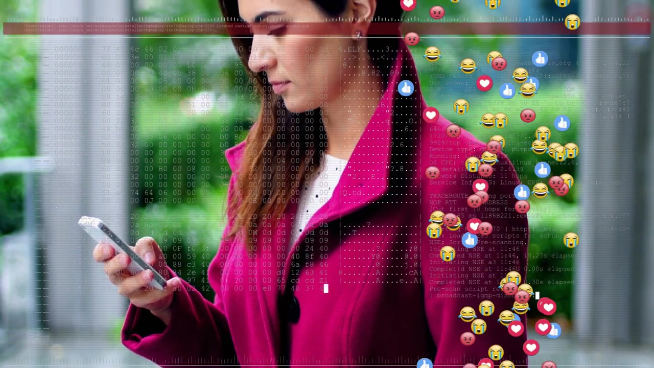 Woman tapping smartphone under walkway, starting data bars and growing reaction icons for marketing