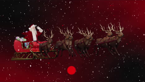 animation of snow falling over christmas santa claus in sleigh with reindeer