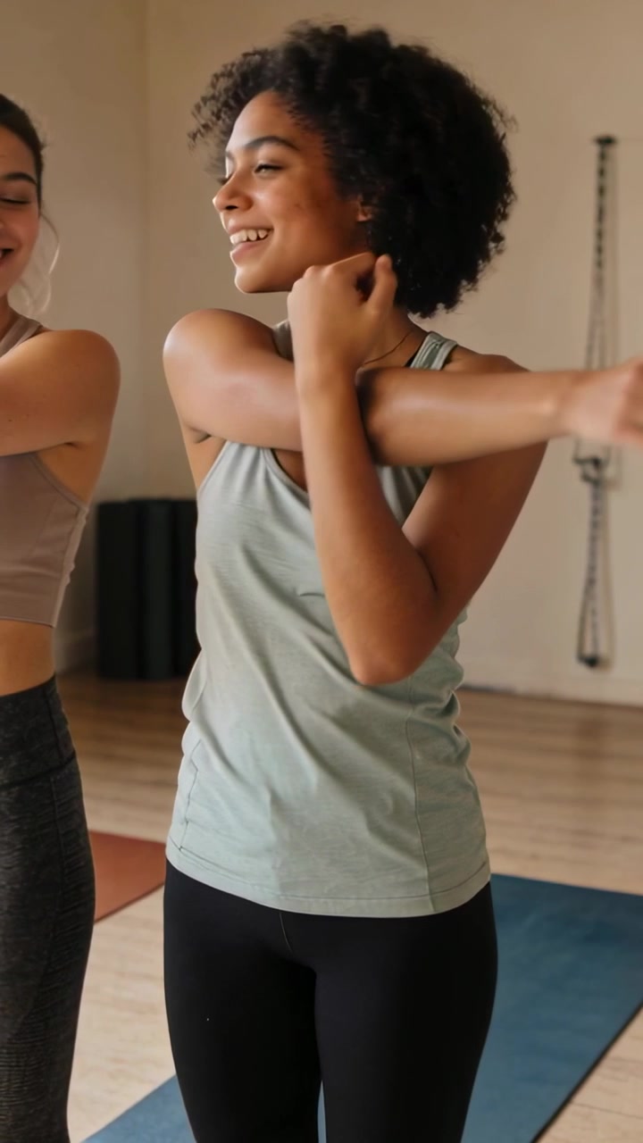 Vertical video: Warmup starting, woman in tank stretching right shoulder on mat in studio, smiling