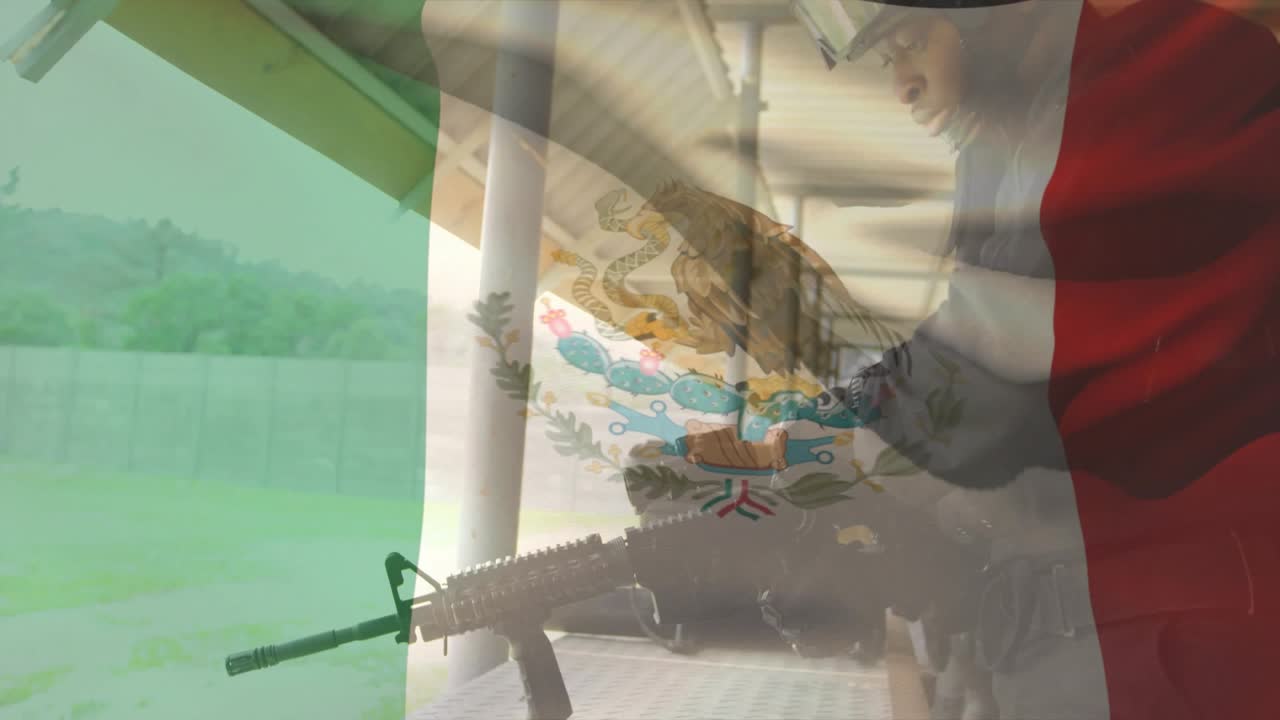 Man approaching firing bench and handling rifle in training range while Mexican flag overlay waving