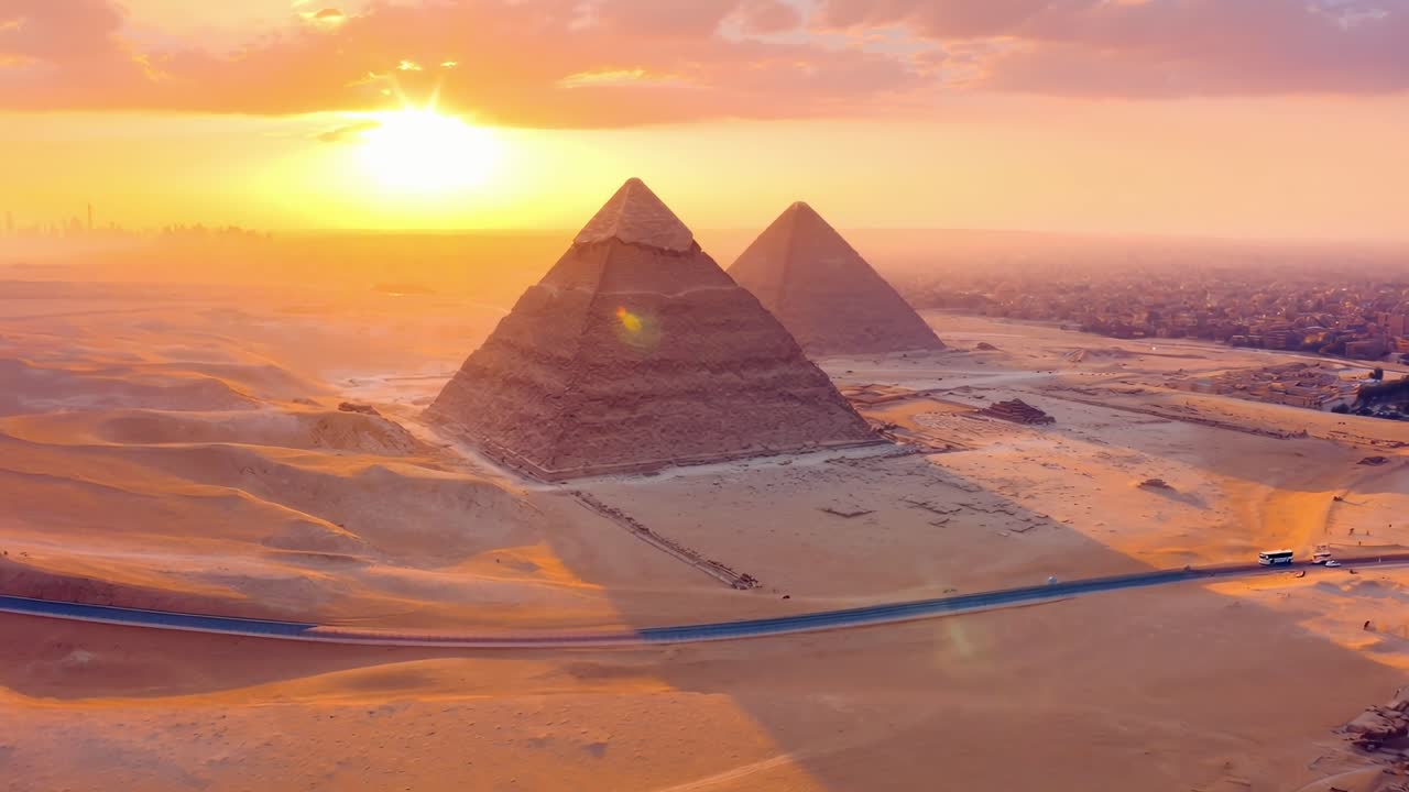 Letecký pohled na Velké pyramidy v Gíze při západu slunce