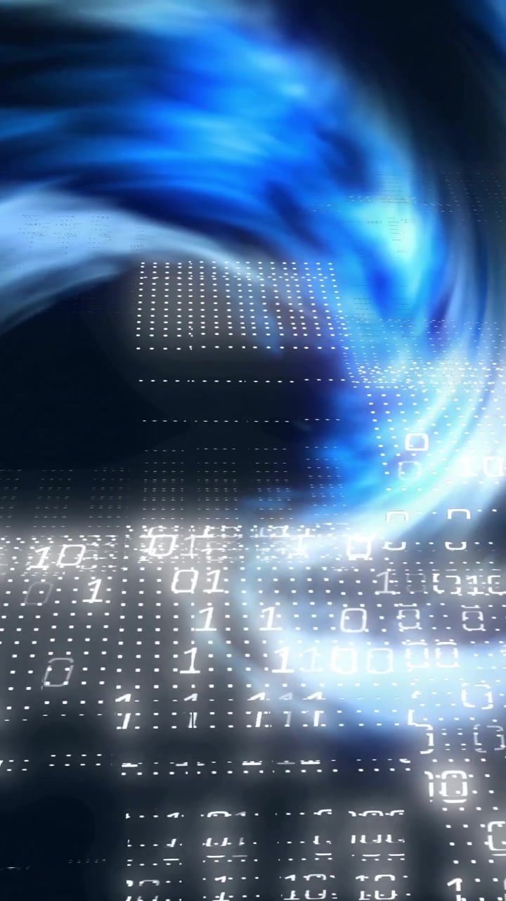 Binary code and data processing animation over swirling blue light effects