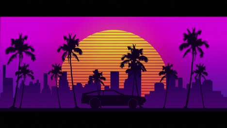 Animation-of-black-car-driving-over-glowing-yellow-to-orange-sun-and-cityscape-with-palm-trees-on-pu