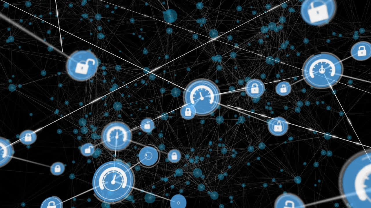 Animation of network of connections with icons over black background