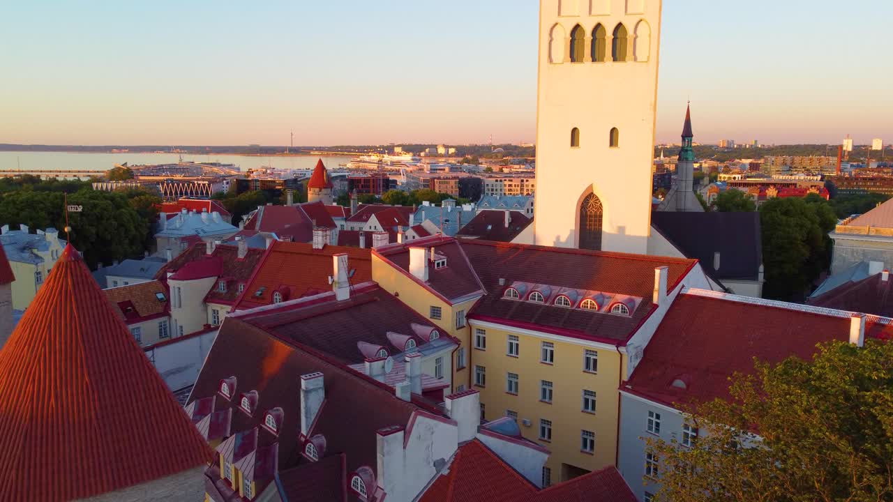 Aerial cityscape view over the traditional and historical buildings in Tallinn, Estonia, on a sunny evening