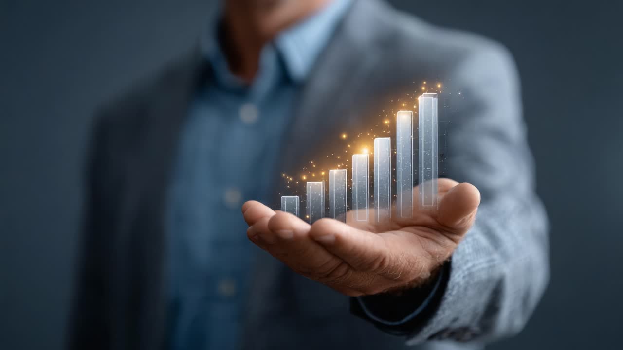 A Business Professional Showcasing Financial Growth with Digital Graphs and Global Influence, Evoking Progress and Innovation in Modern Economics