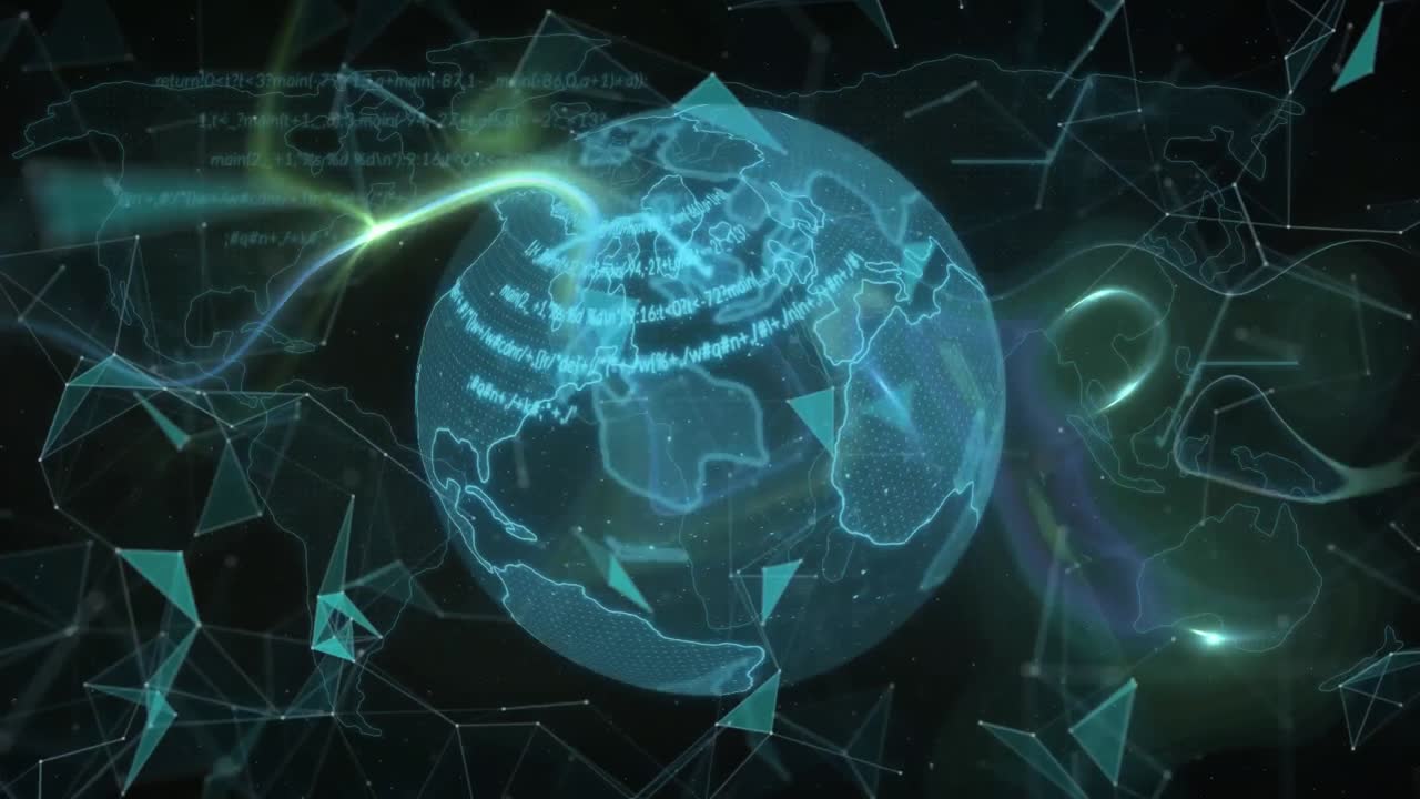 анимация вращающегося глобуса с светящимися световыми следами и картой мира