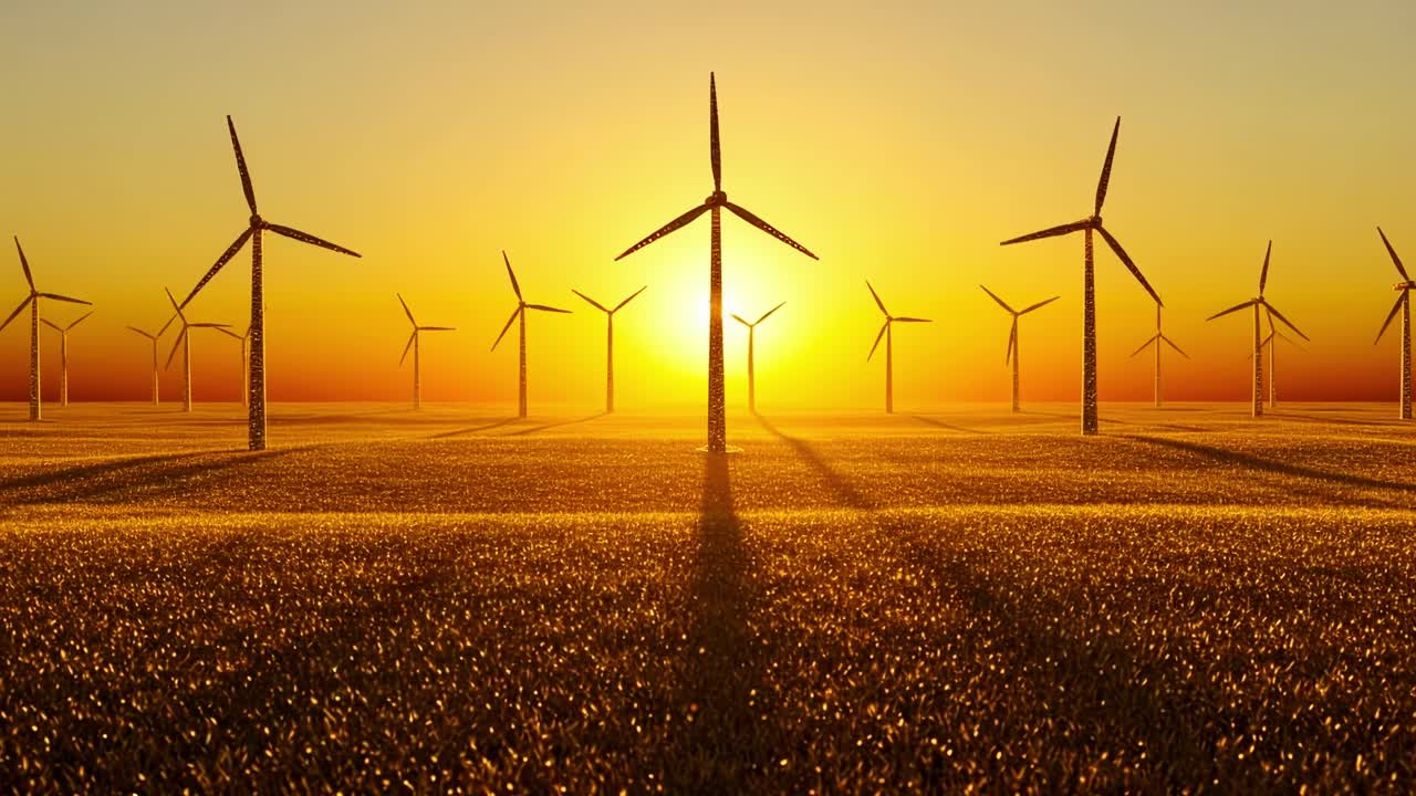 As the sun sets, wind turbines stand tall in a golden field, crafting a tranquil and picturesque landscape in the countryside