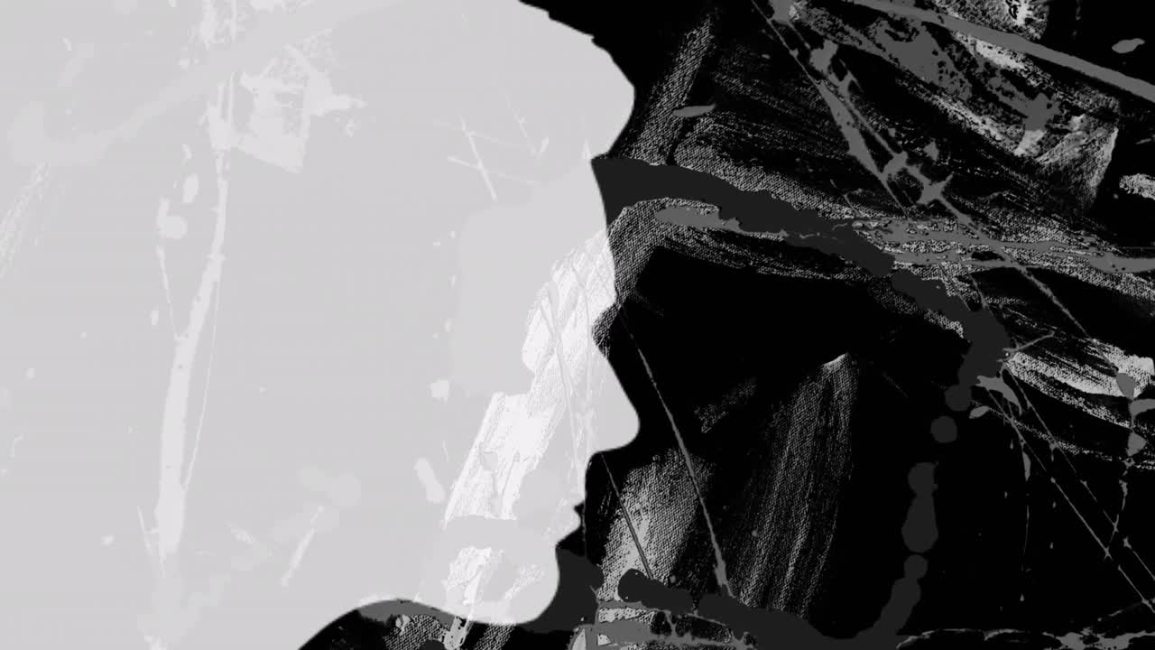 Animation of white profile of man over organic grey paint brush strokes moving on black background