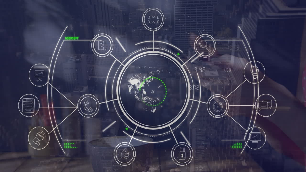 Animation of digital icons and globe over mid section of man using smartphone against cityscape