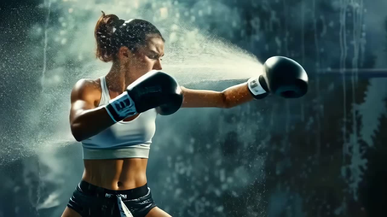 Dynamic video still of a female boxer in action, captured from a side angle, showcasing strength