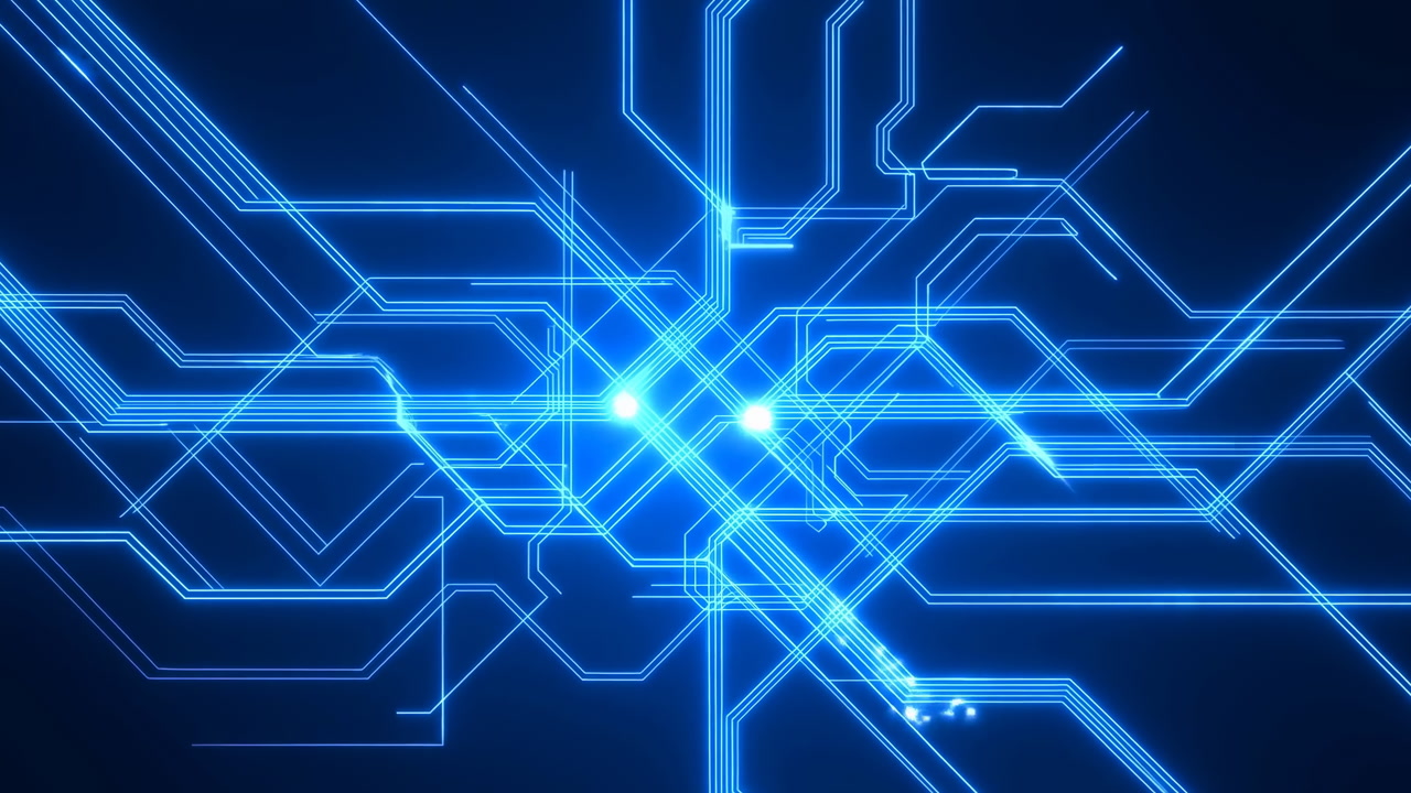 Glowing Blue Circuit Traces Connecting Data Nodes Across Dark Grid, Electric Pathways Pulsing With Signals