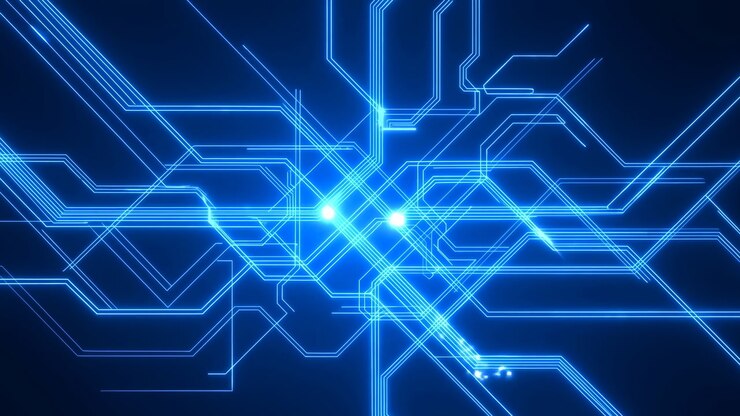 Glowing Blue Circuit Traces Connecting Data Nodes Across Dark Grid, Electric Pathways Pulsing With Signals