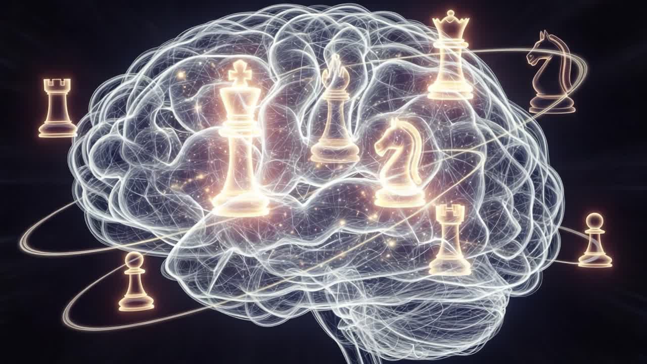 The Complex Interaction of Chess Strategies and Cognitive Processes Represented by a Glowing Brain Filled with Chess Pieces and Patterns of Thought