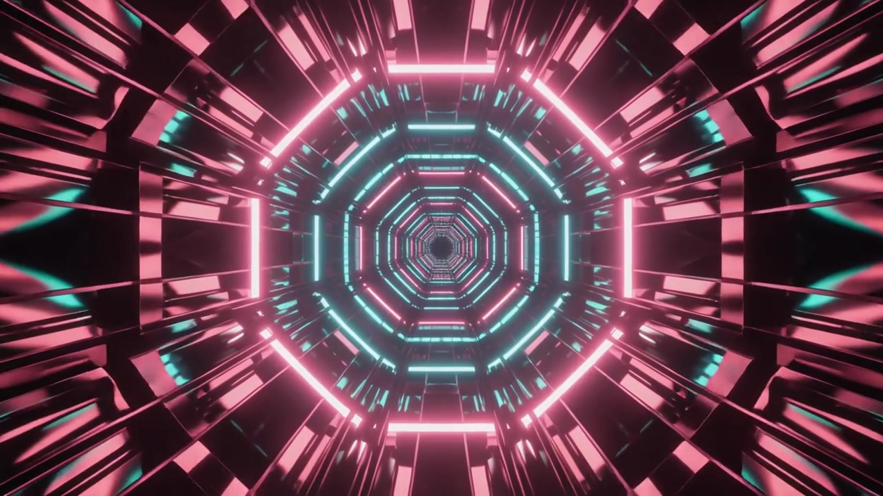 Futuristic Octagonal Tunnel with Glowing Pink and Cyan Neon Lights