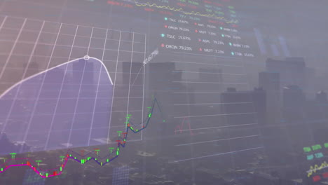 Animación-Del-Procesamiento-De-Datos-Estadísticos-Y-Bursátiles-Frente-A-La-Vista-Aérea-Del-Paisaje-Urbano