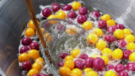 a vibrant scene showcasing colorful eggs splashing water during a culinary event an outdoor kitchen.