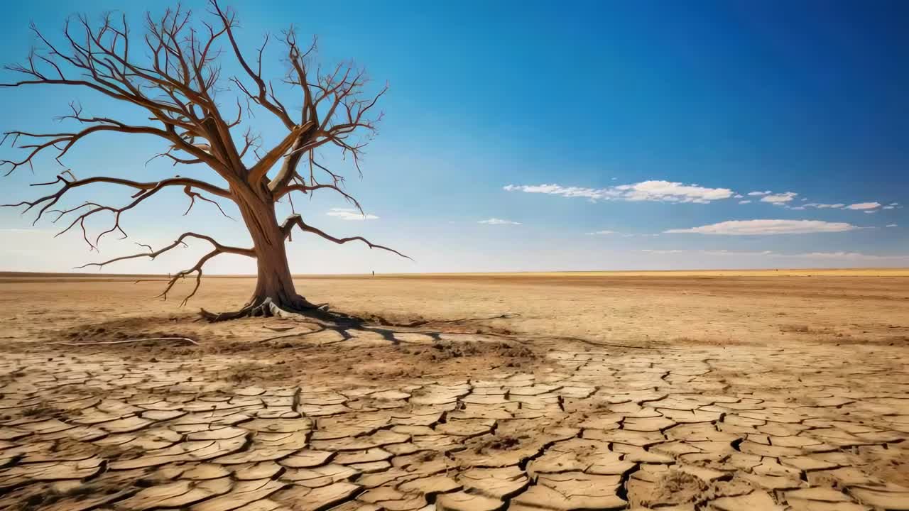Weitwinkelaufnahme eines kahlen Baumes in einer rissigen Wüstenlandschaft unter einem klaren blauen Himmel