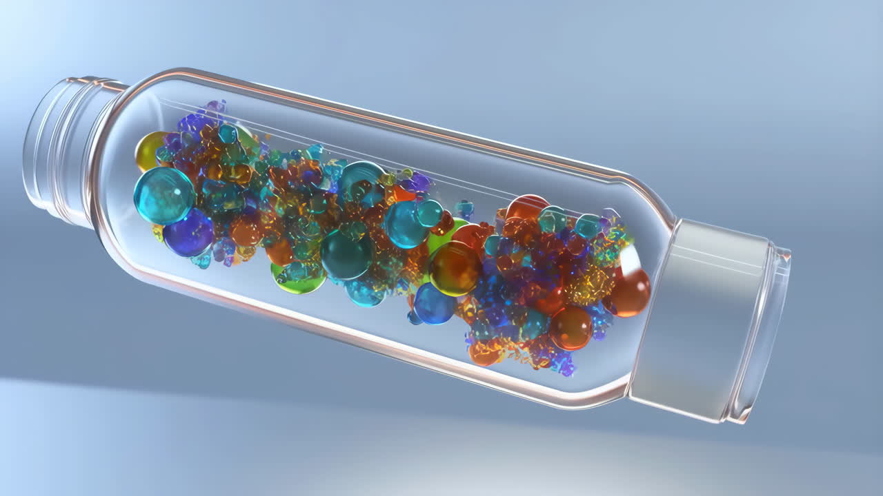 Colorful Spheres and Bubbles Inside a Glass Bottle