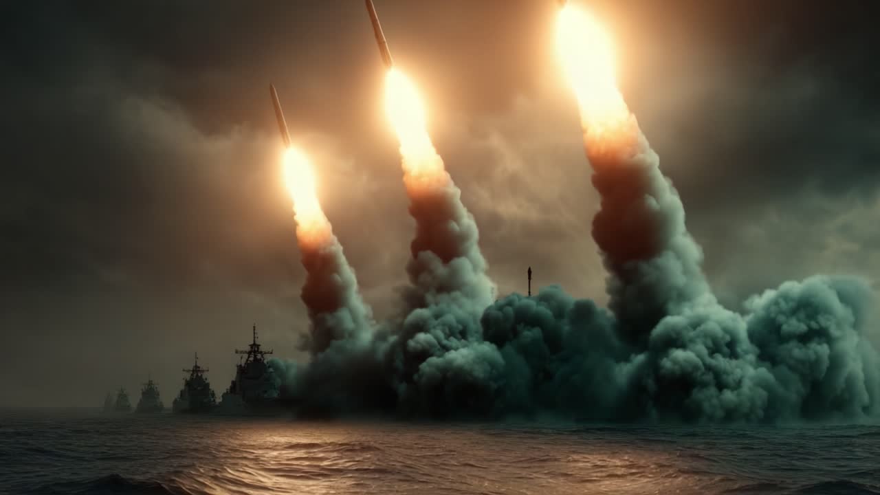 Dynamisk oppskyting av ubåtbaserte missiler midt blant illevarslende skyer og turbulent vann, som avslører den maritime militære kapasitetens styrke.