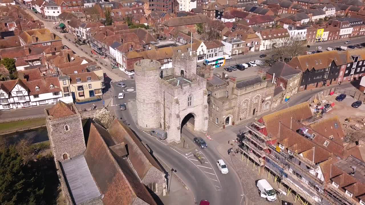 Aerial shot of the Westgate Towers in Canterbury, Kent