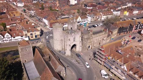 Aerial-shot-of-the-Westgate-Towers-in-Canterbury,-Kent