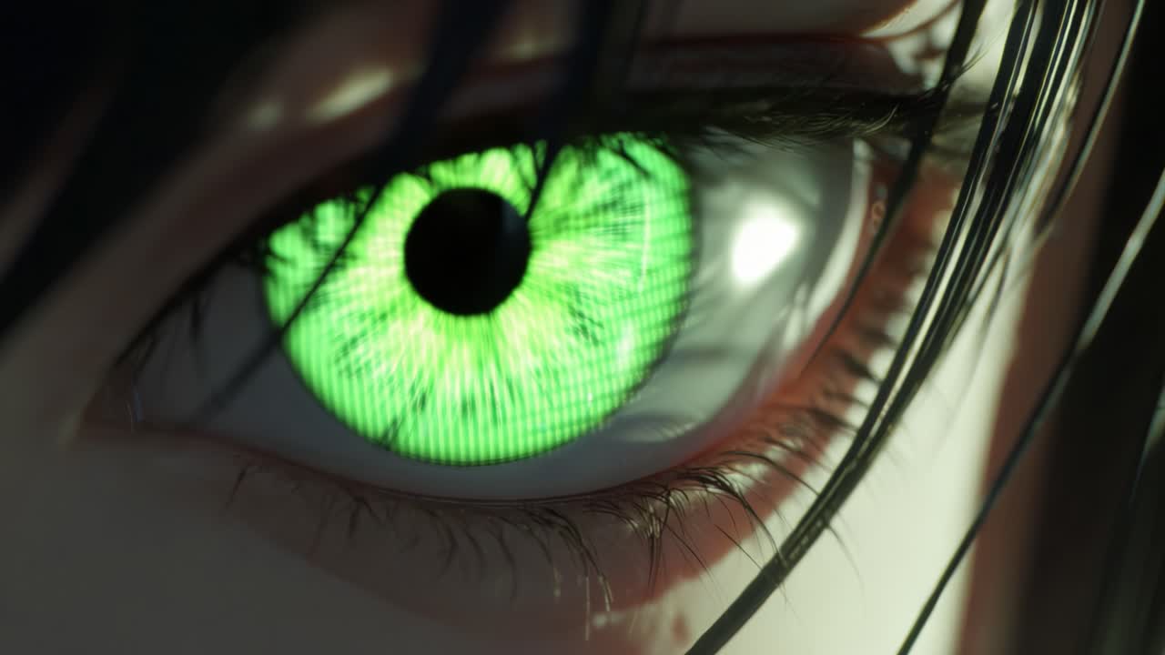 A close-up view of a futuristic eye displaying intricate digital patterns, emphasizing the blend of organic features and technological elements that create a captivating and mesmerizing visual experience, urging exploration of this unique perspective