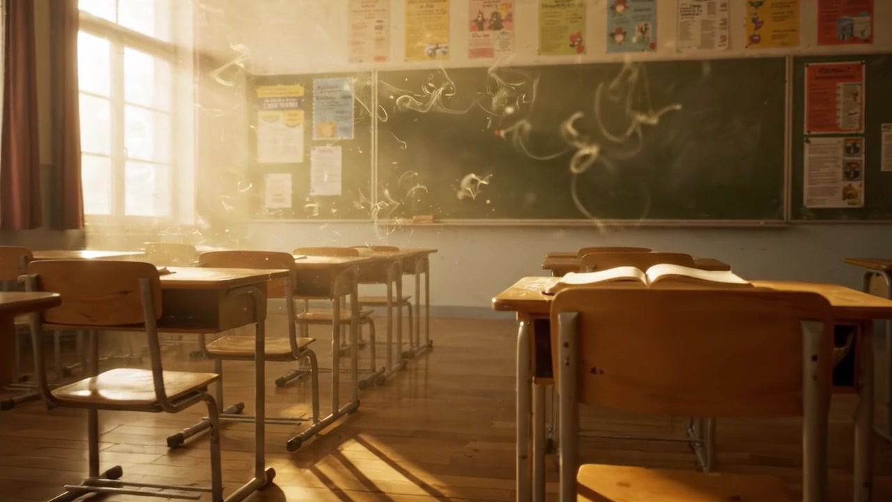 Eine ruhige Klassenzimmerszene, eingefangen in sanftem Licht, die leere Schreibtische und eine staubige Atmosphäre hervorhebt und ein Gefühl friedlicher Reflexion und ungenutzten Raums hervorruft.