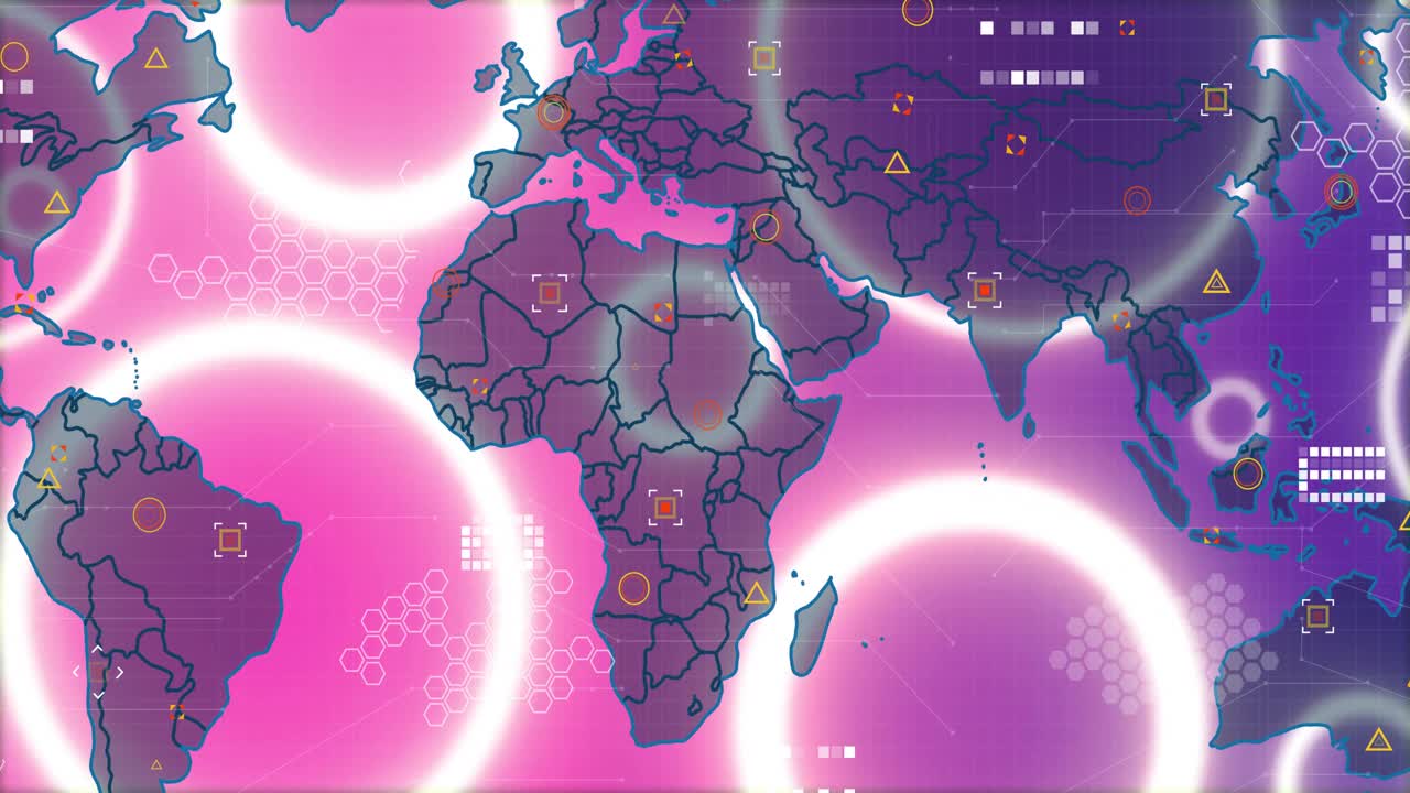 Mapa mundial estilizado mostrando anillos luminosos, superposición de cuadrícula hexagonal, marcadores de objetivo e iconos circulares.