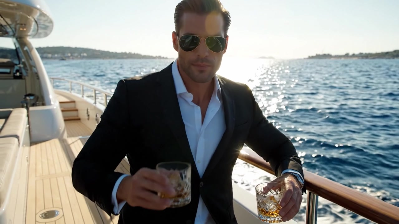 Un elegante gentiluomo si gode un bicchiere di whisky mentre si rilassa su uno yacht di lusso contro un tramonto mozzafiato sull'oceano